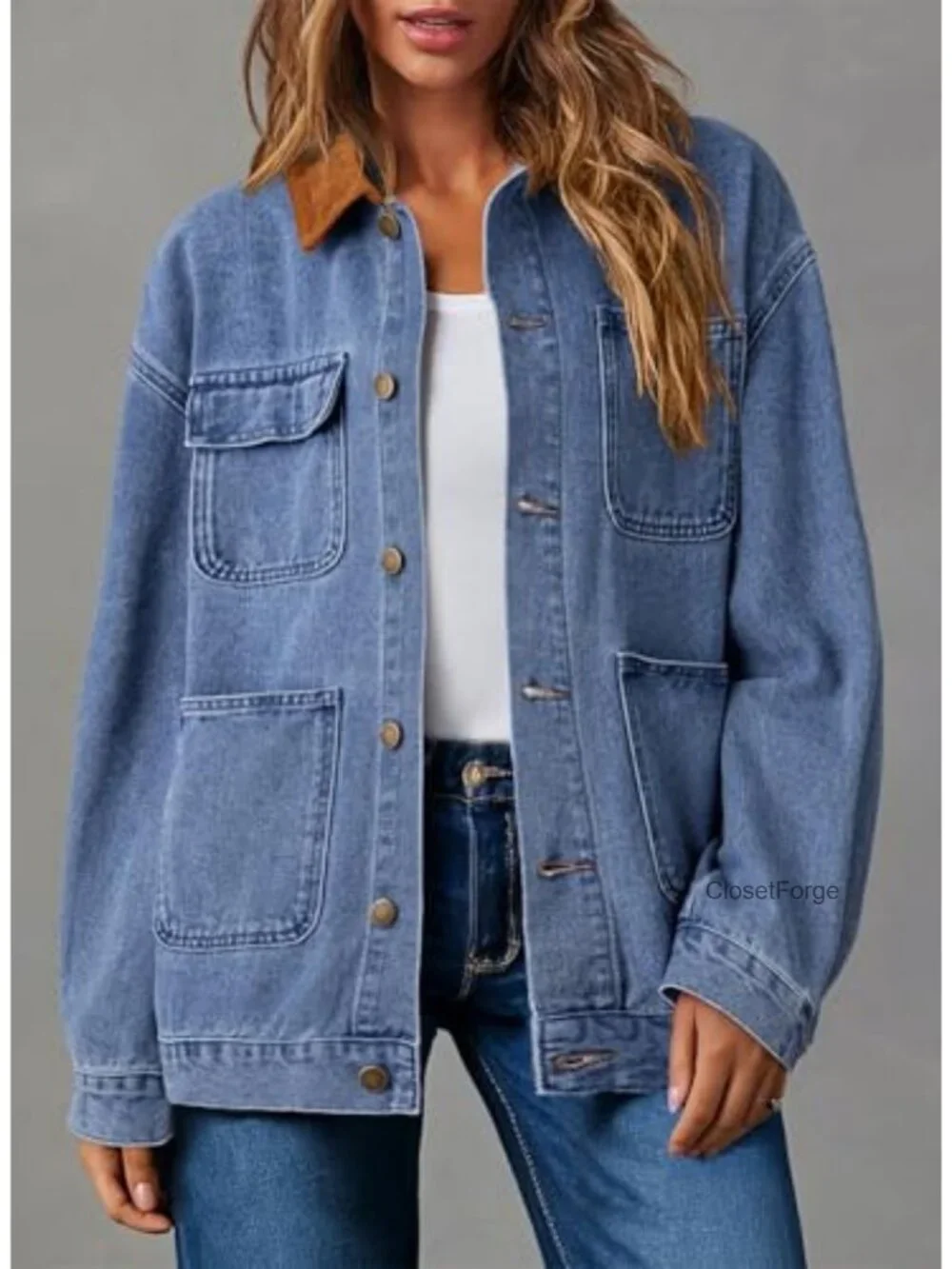Denim Jacket Corduroy Collar Barn Jacket Oversized Long Sleeve Button Up